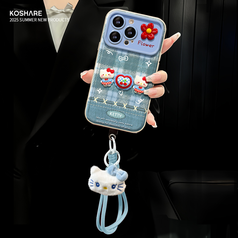 格纹kt公仔适用苹果17华为vivo/oppo小米iPhone视窗镜子手机壳