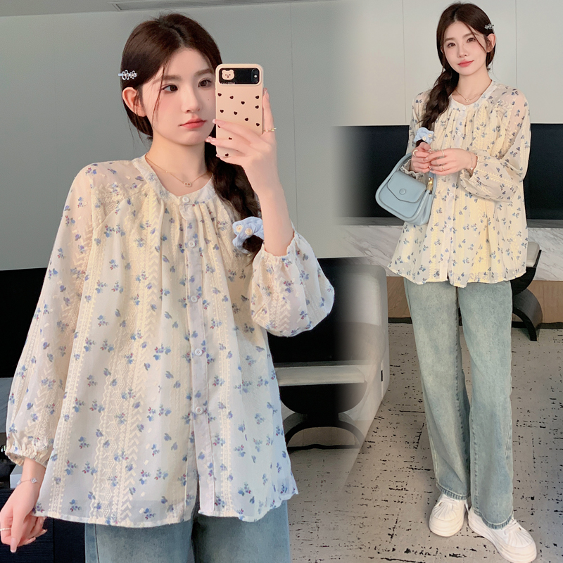 孕妇装春装2025新款孕妇韩版显瘦提花褶皱甜美碎花娃娃衫上衣春秋