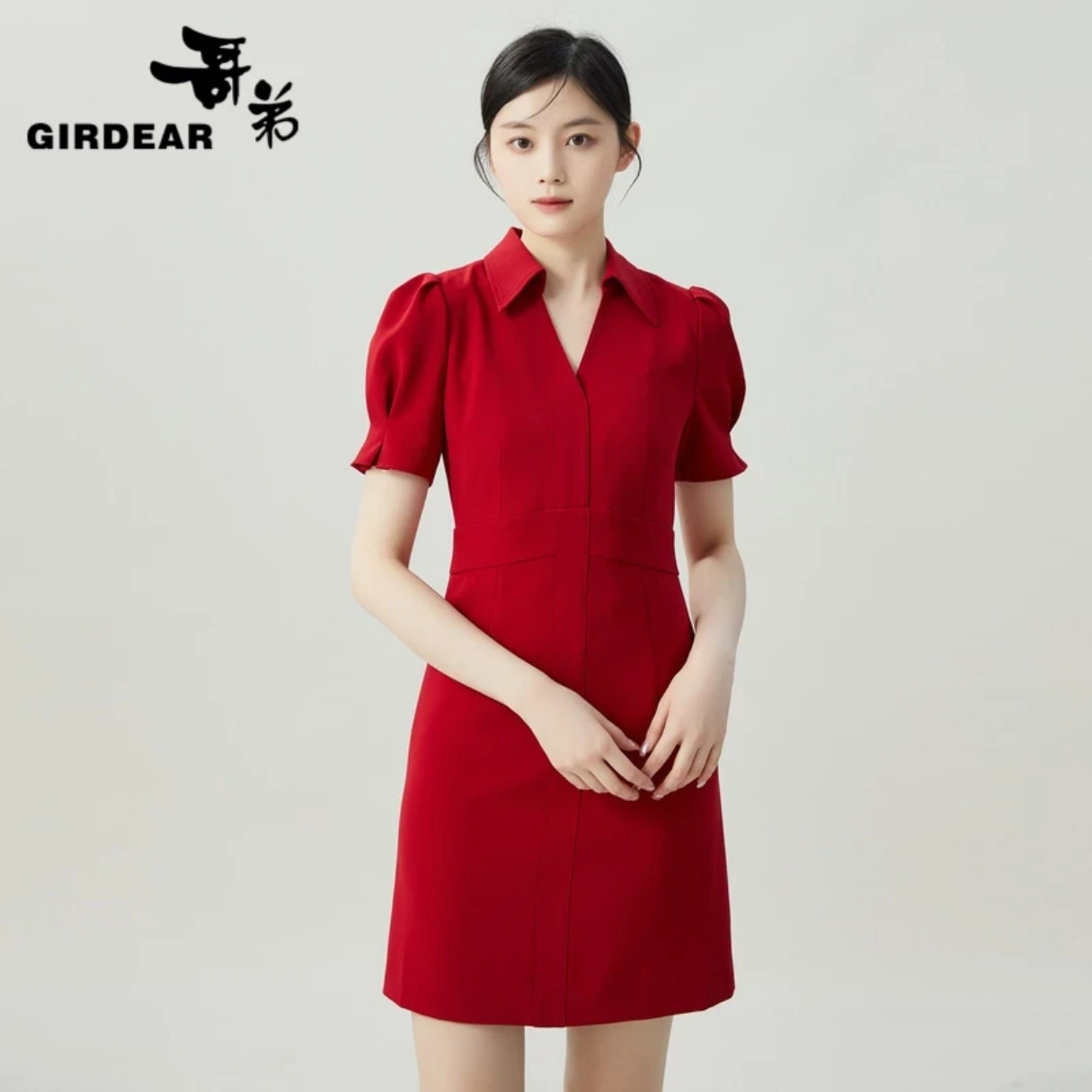GIRDEAR/哥弟显瘦质感百搭气质V领泡泡袖纯色短款连衣裙女1500460
