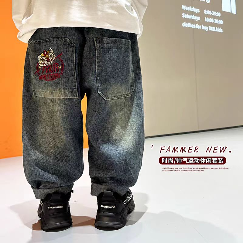 男童牛仔长裤秋季新款2025儿童国潮帅气刺绣宽松裤男孩洋气休闲裤