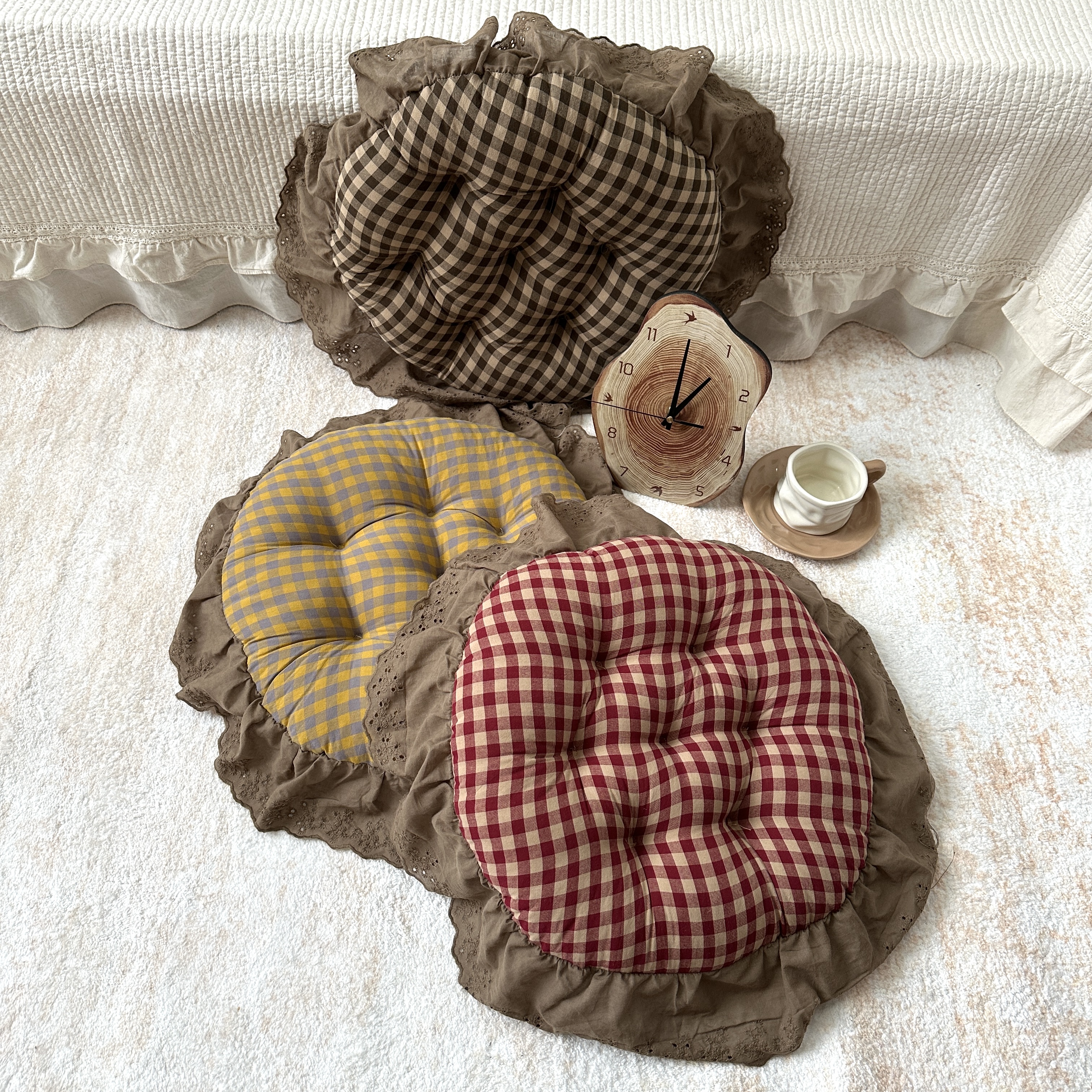 布拉格坐垫 全棉色织格子法式花边多功能蒲团坐垫舒适透气亲肤