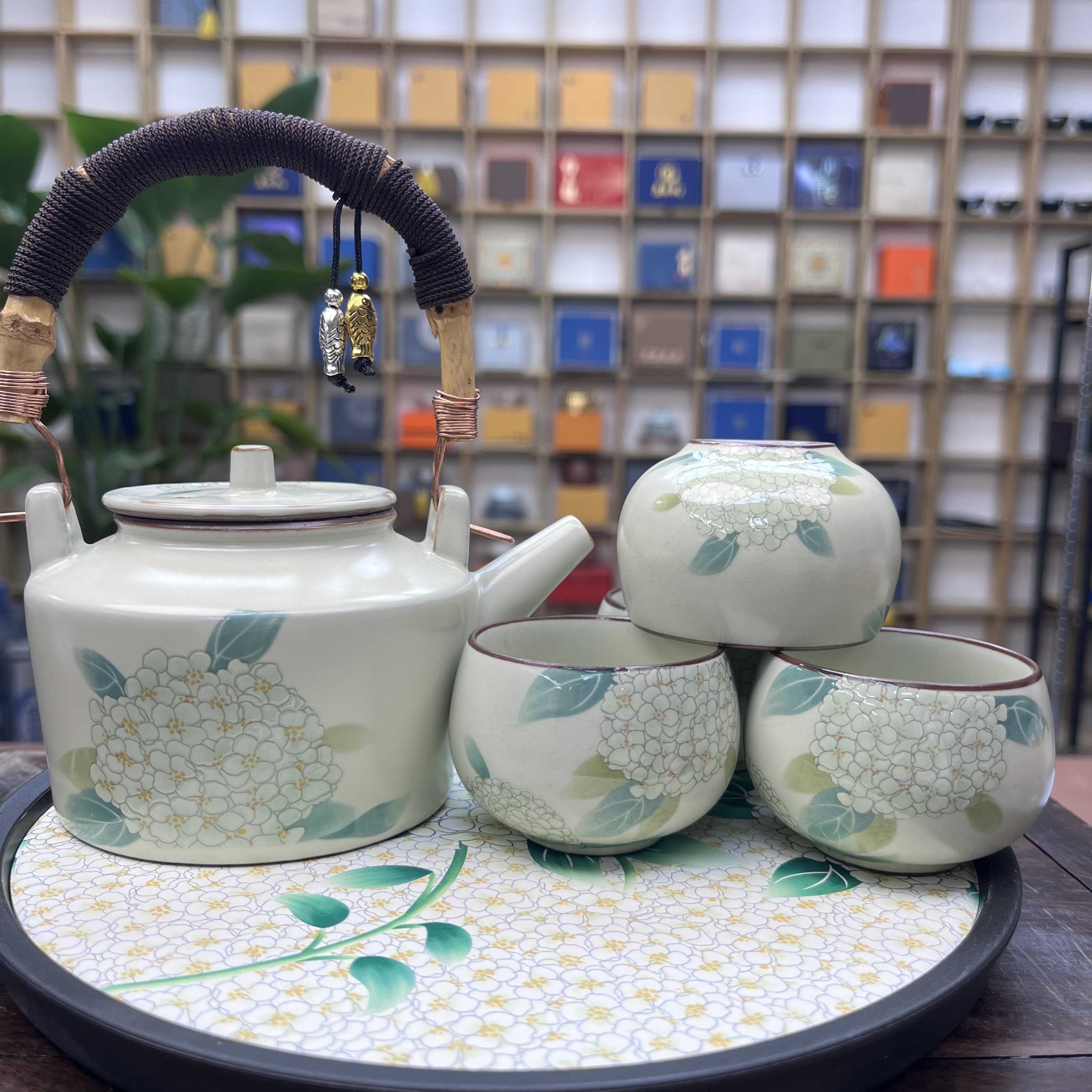 绣球花提梁+四杯+圆茶盘-996（众）-114