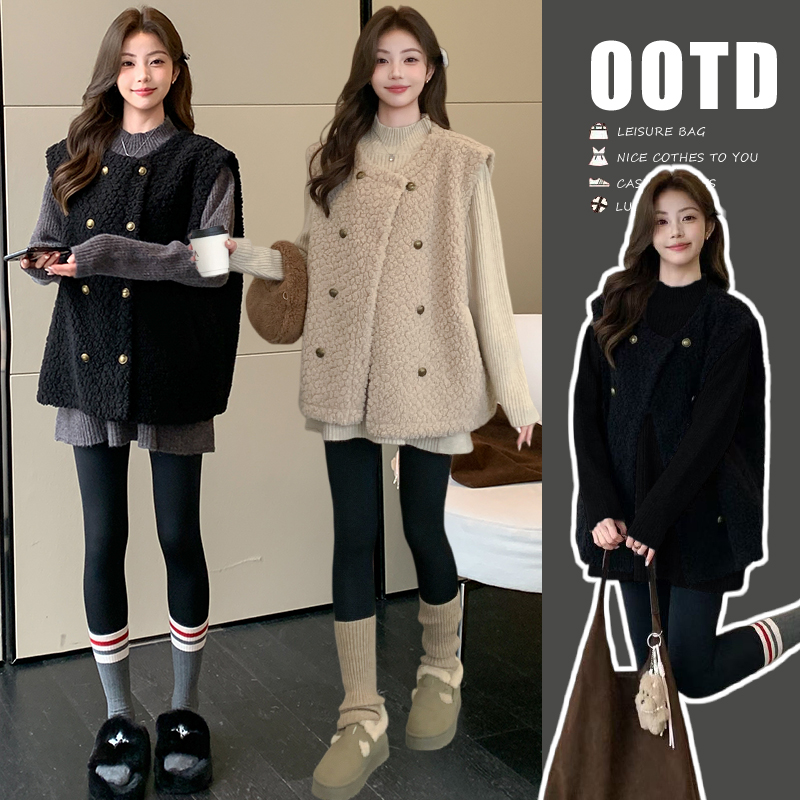 孕妇装秋冬时尚新款韩版慵懒风百搭休闲宽松毛衣羊羔绒马甲两件套