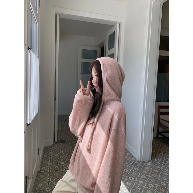早秋韩系杂色毛圈针织连帽廓形软糯落肩宽松显瘦长袖卫衣 60023