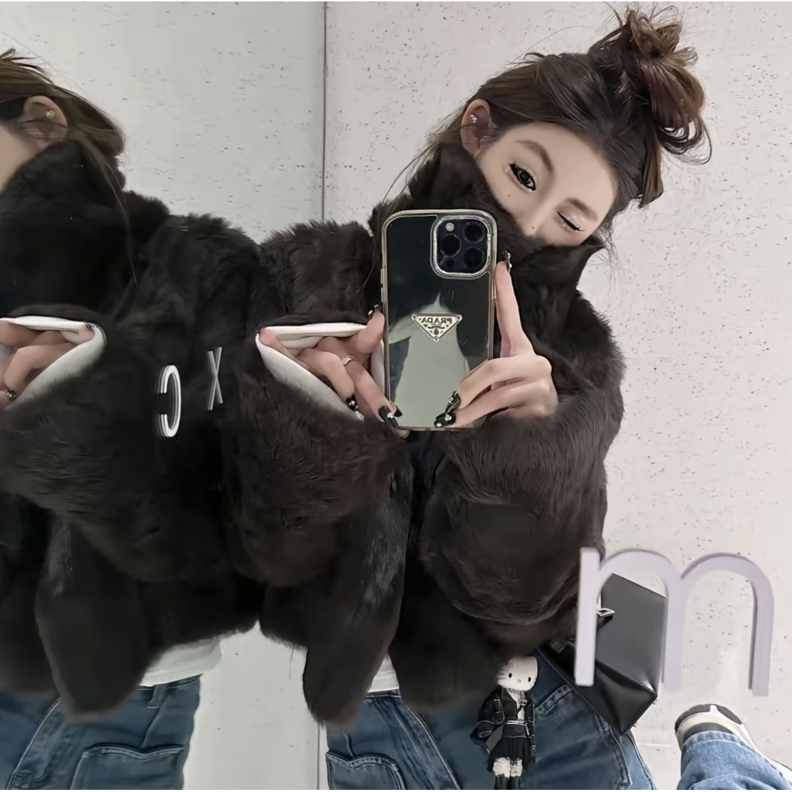 "千金兔"奢贵分区定染兔毛中古真皮皮毛一体皮草外套女