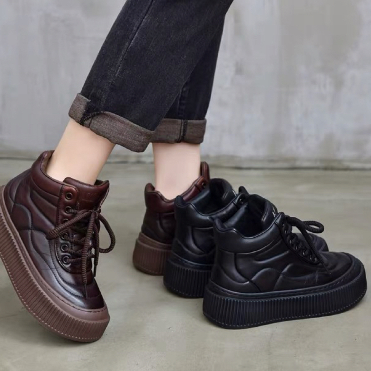 17-25302真皮厚底短靴2025秋冬新款牛皮高帮女鞋复古系带休闲鞋