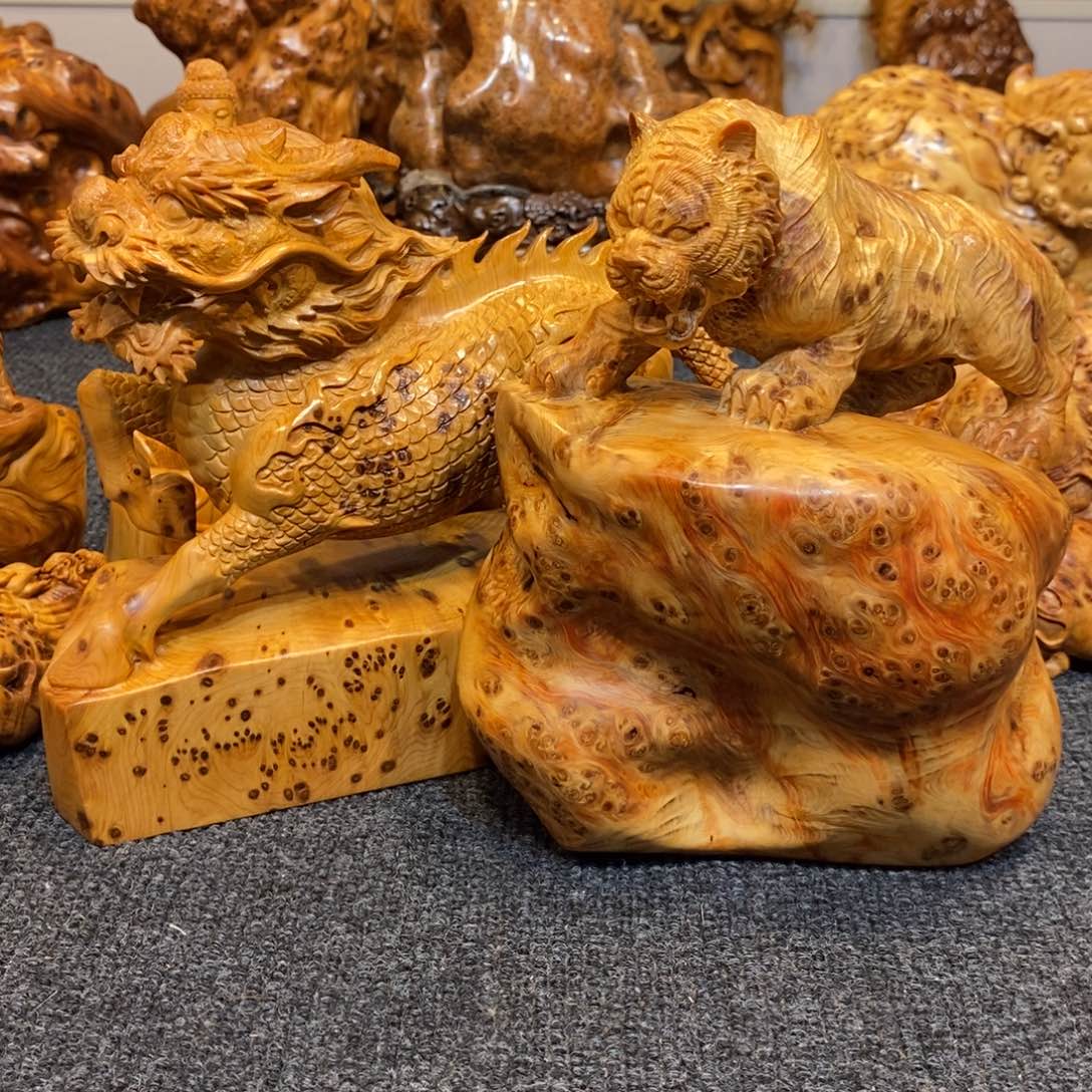 柏木（崖柏）渴**鱼陈化瘤疤老虎+瘤疤麒麟摆件