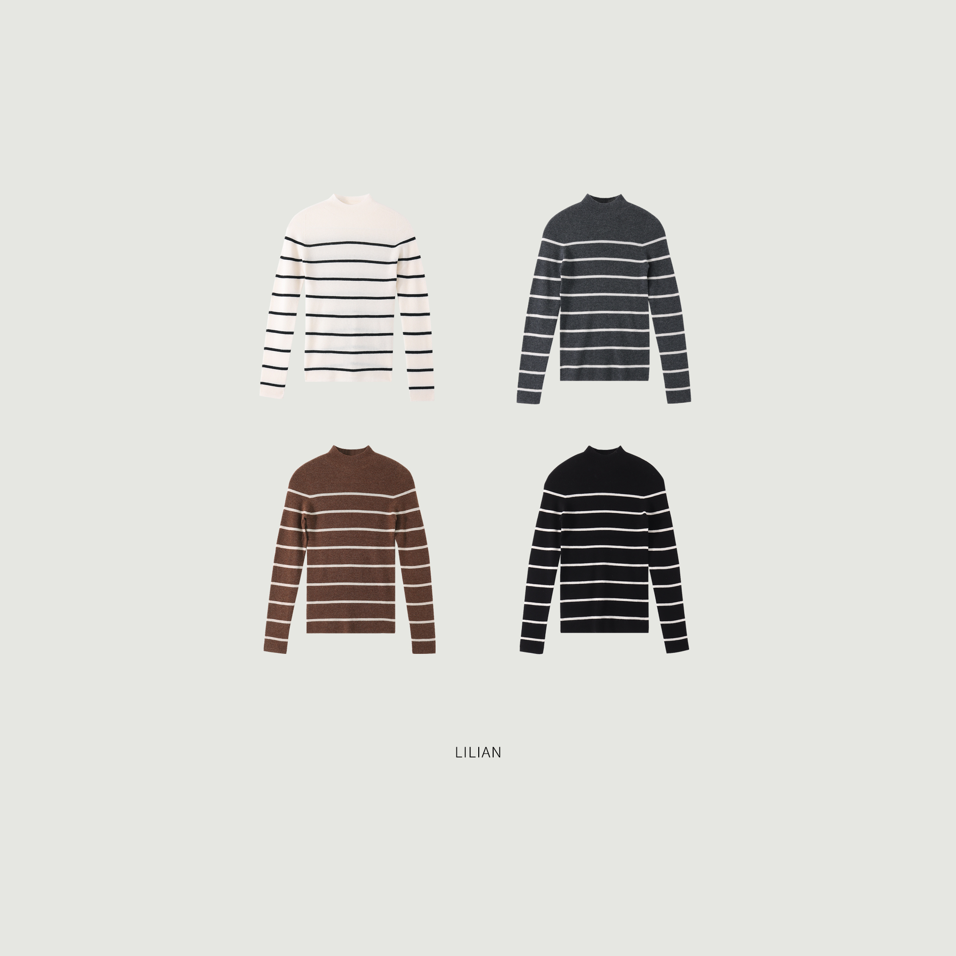 莉莉LIlian 气质中领无缝一体48支绵羊毛修身条纹针织衫25秋冬