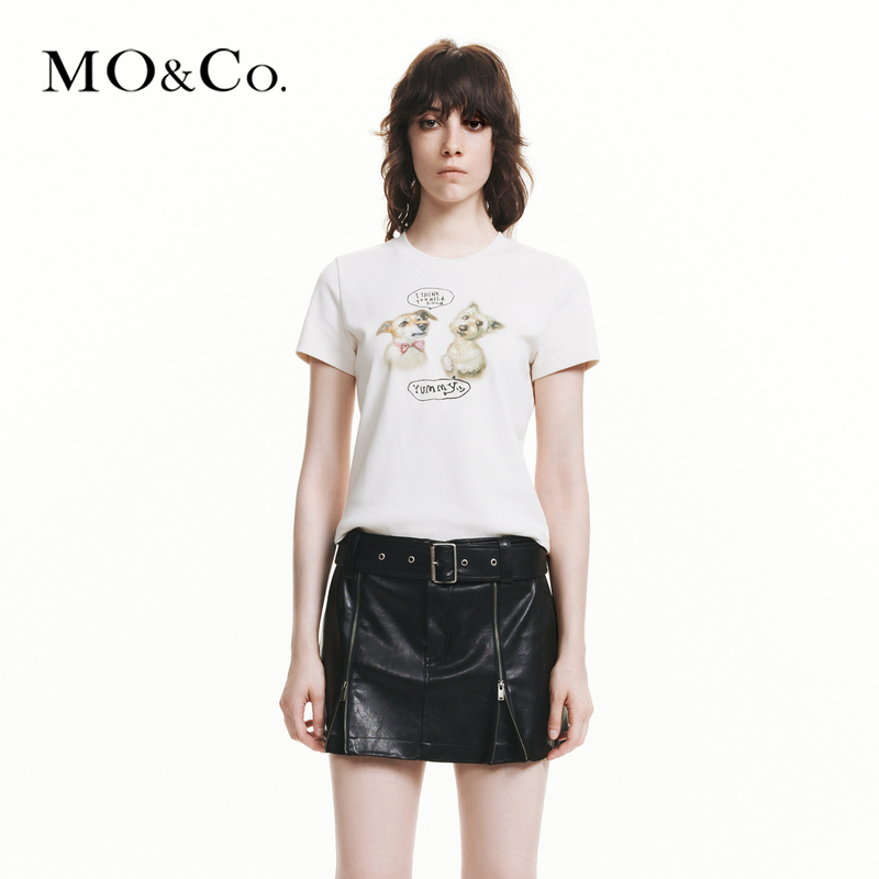 【达人专享】MOCO秋趣味萌宠正肩短款收腰T恤MBD3TEE024
