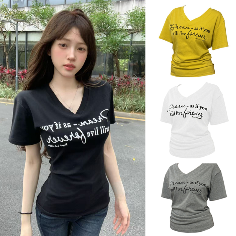 字母短袖T恤女2025新款显瘦遮肉辣妹V领夏季百搭韩版上衣6803