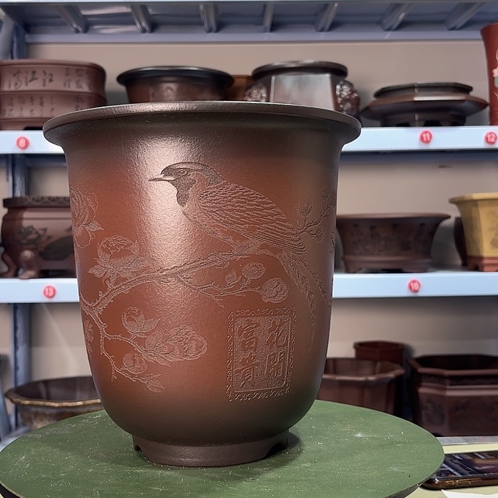 花盆紫砂刻绘花开富贵