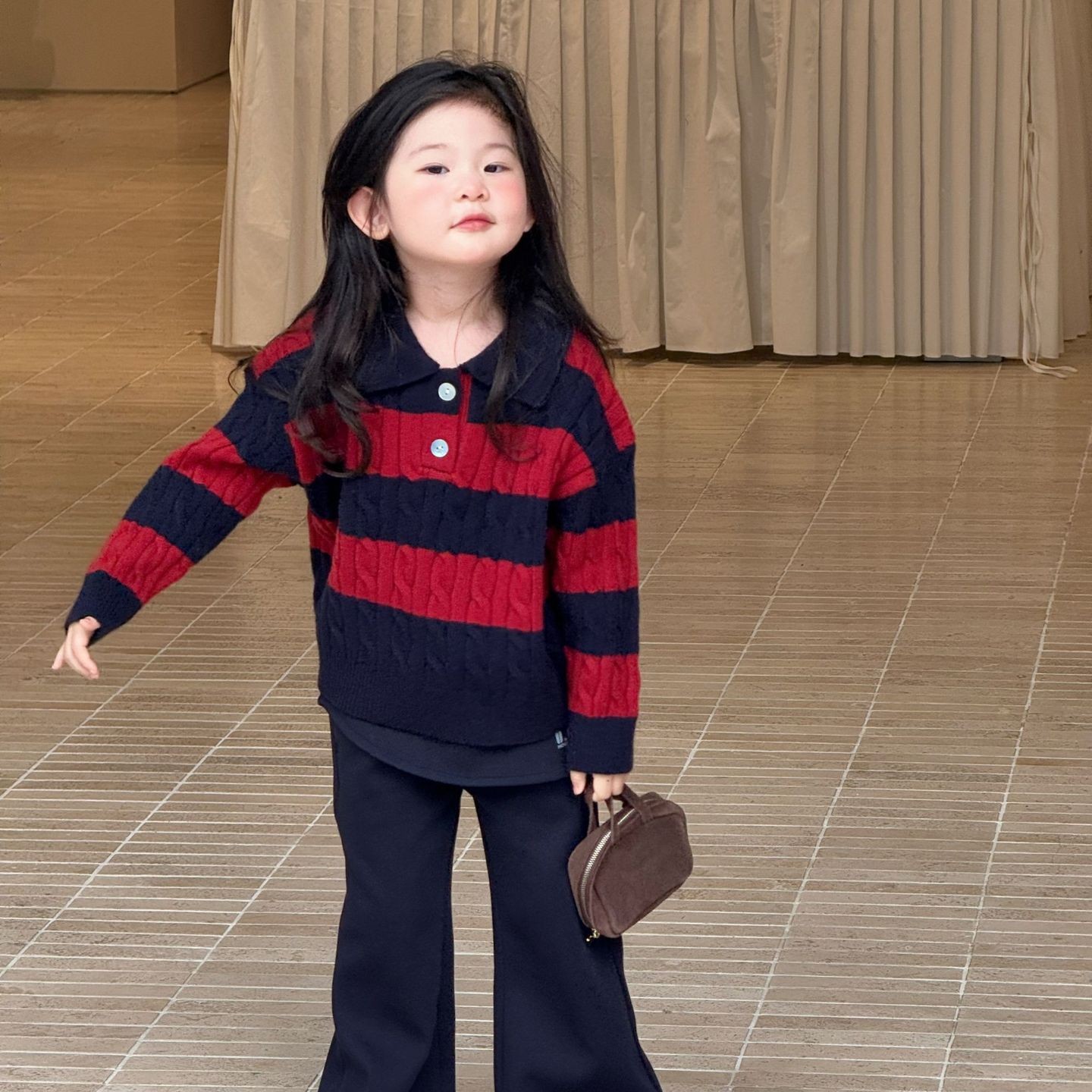 2025秋季新款童装 韩版童装 女童条纹Polo领毛衣 儿童套装