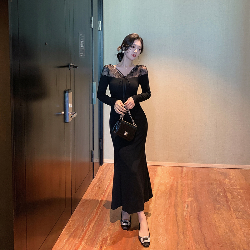 [特惠福利] 蕾丝拼接连衣裙气质名媛显瘦长袖裙子