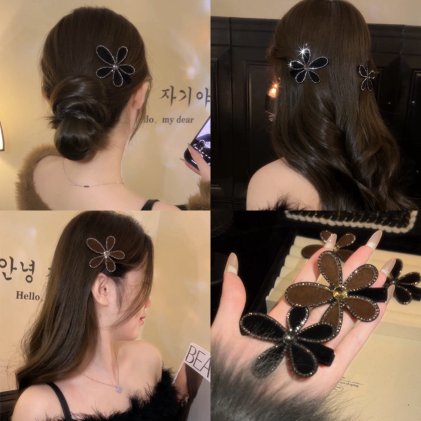 韩国东大门植绒小花发夹秋冬碎钻轻奢边夹刘海夹