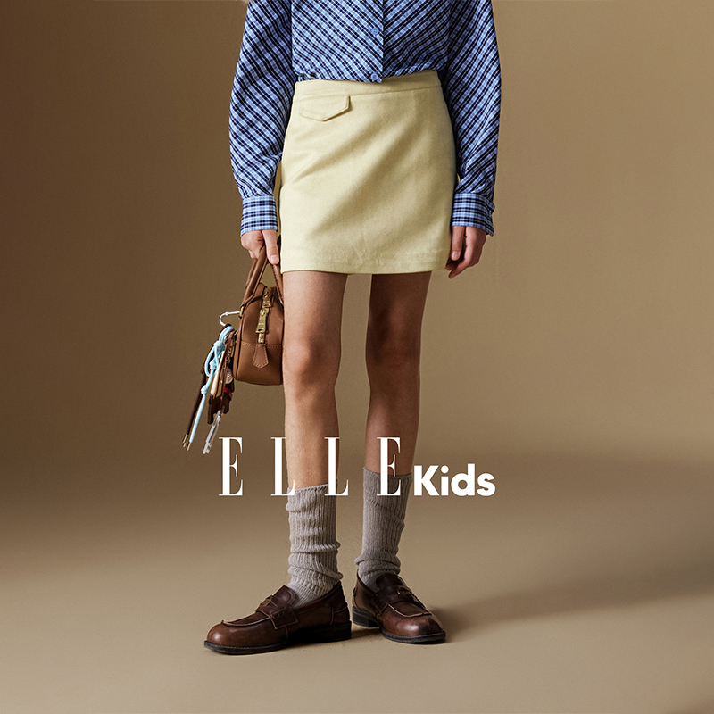 ELLE KIDS 仿麂皮绒半身裙女儿童秋季新款复古时髦高腰A字裙子F5