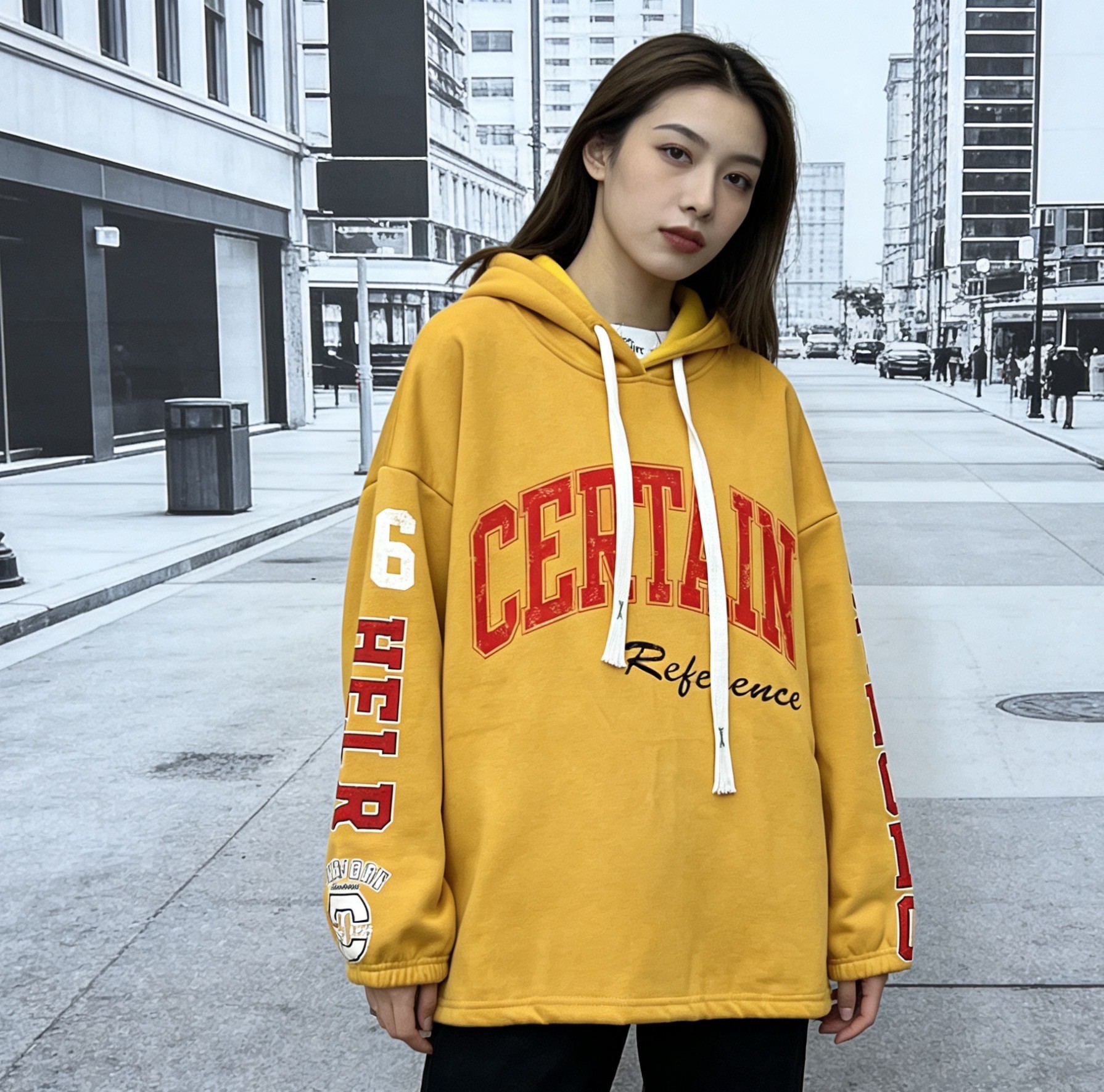 ins风落肩袖连帽加绒卫衣情侣时尚潮流运动