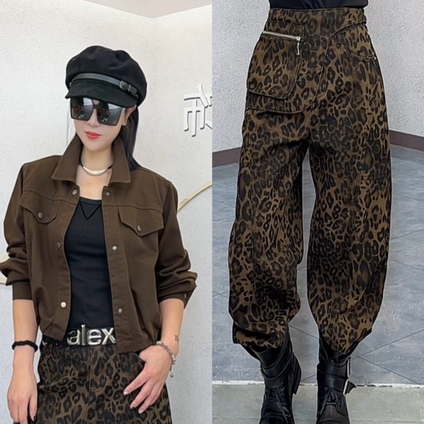阿珍服饰店 新款时尚百搭豹纹牛仔裤#009