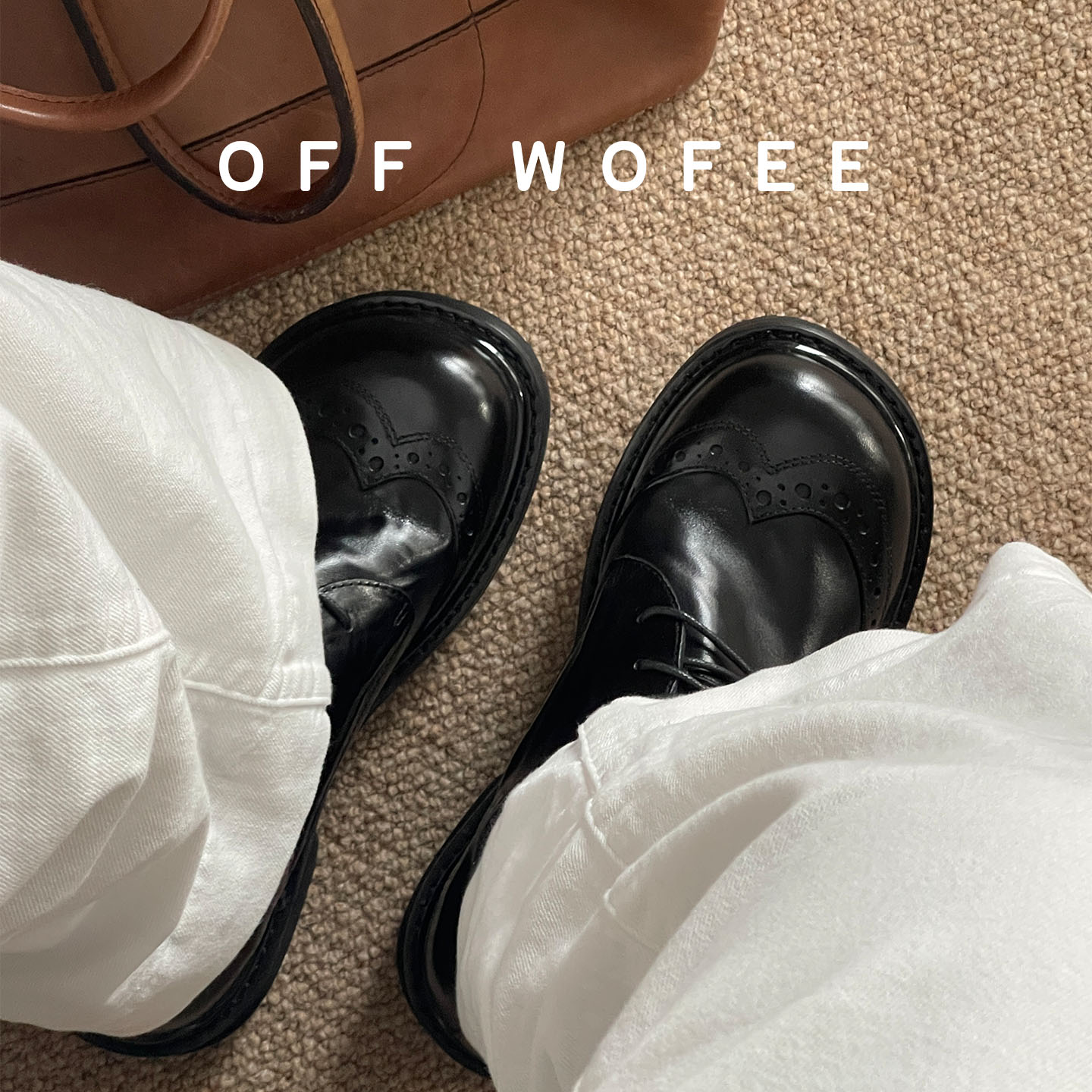 OFFWOFEE真皮马皮圆头大头德比鞋布洛克雕花增高厚底皮鞋男女鞋