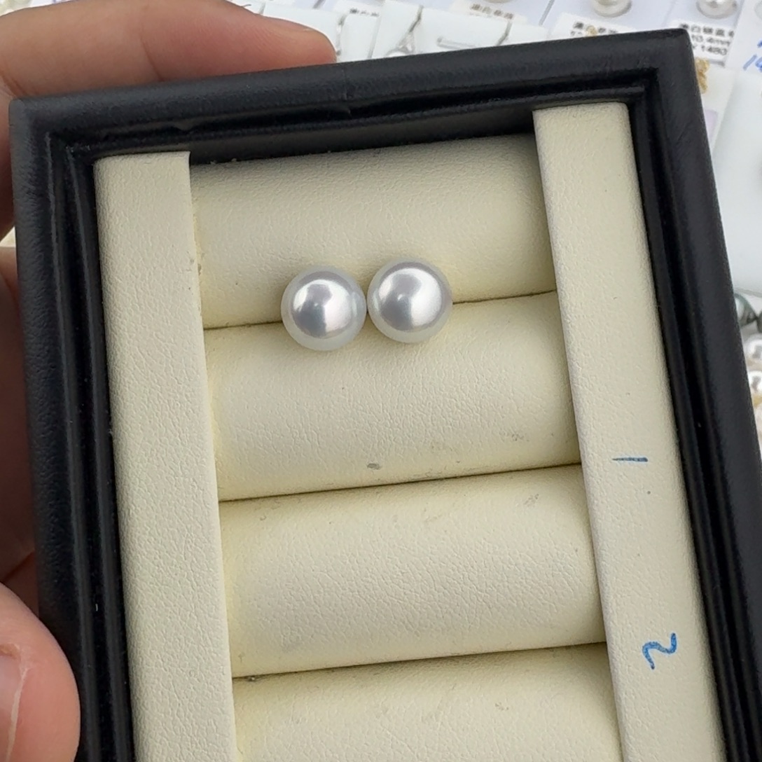 耳饰银S925镶嵌海水珍珠澳白馒头珠银蓝光宝石光微瑕9.5mm