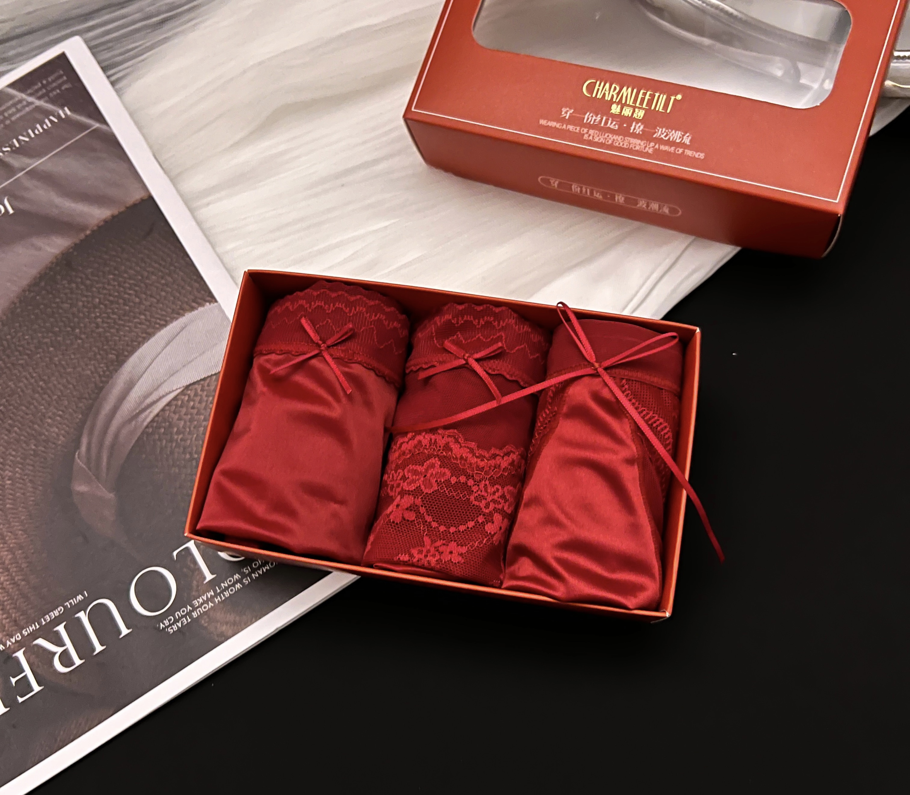 【3条装】1401#过年蕾丝高腰无痕女三角内裤性感喜庆红色极简风内裤