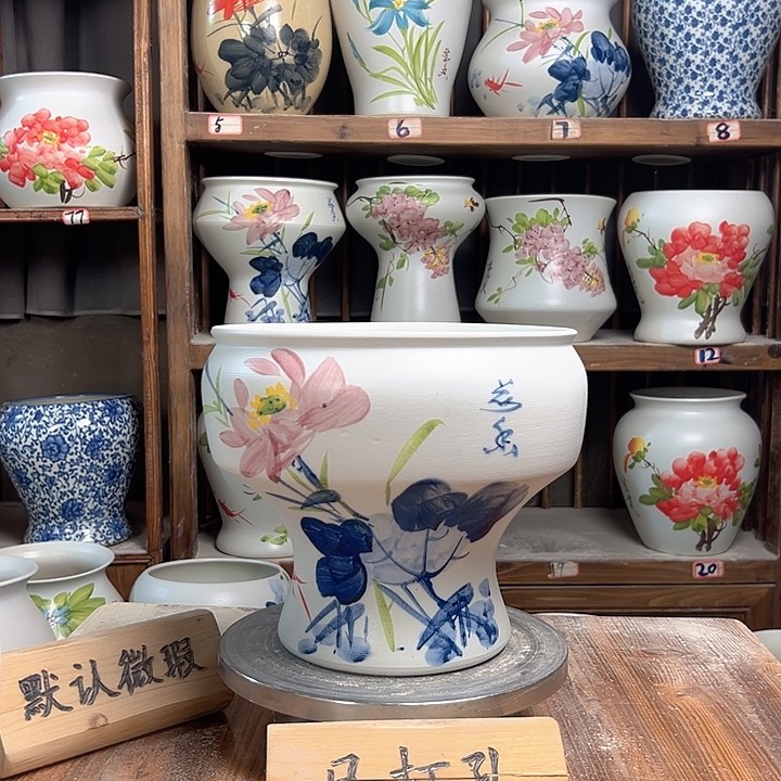 摆件口22青花荷花陶瓷陶瓷