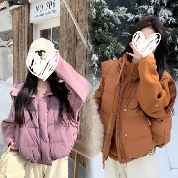 2025年新款秋冬休闲宽松小个子棉服连帽纯色时尚套装显瘦休闲风