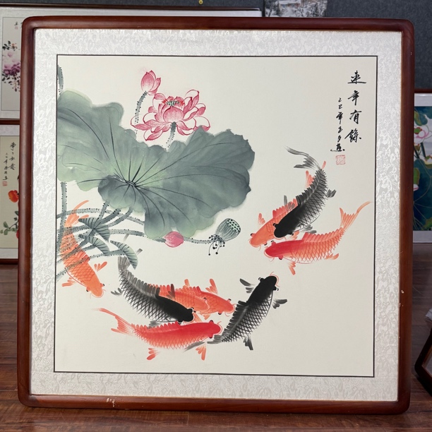【手绘国画】带框[83*83]荷花九鱼图聚财招财锦鲤鱼斗方餐厅挂画