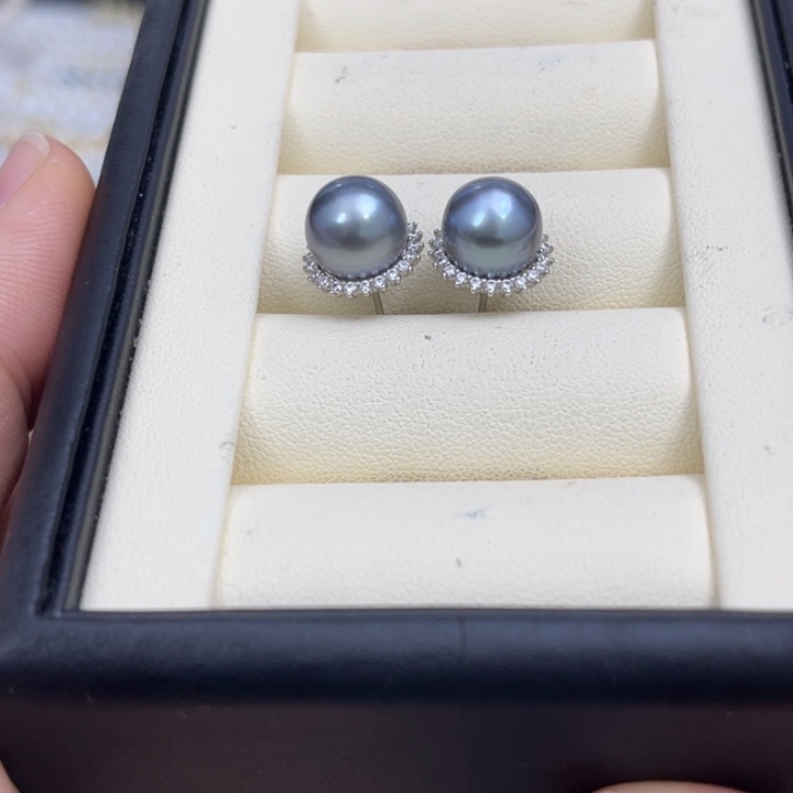 海水珍珠耳饰银S925镶嵌铂金灰耳饰9-10mm