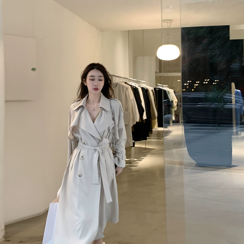 大也池*白色宽松长风衣女垂感长袖百搭双排扣显瘦外套气质大衣