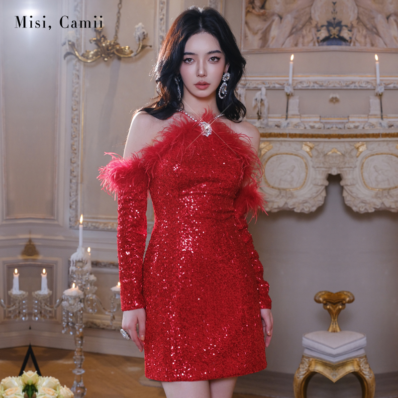 Misi,Camii2025春夏新款女装钻饰挂脖亮片丝绒礼服宴会敬酒连衣裙