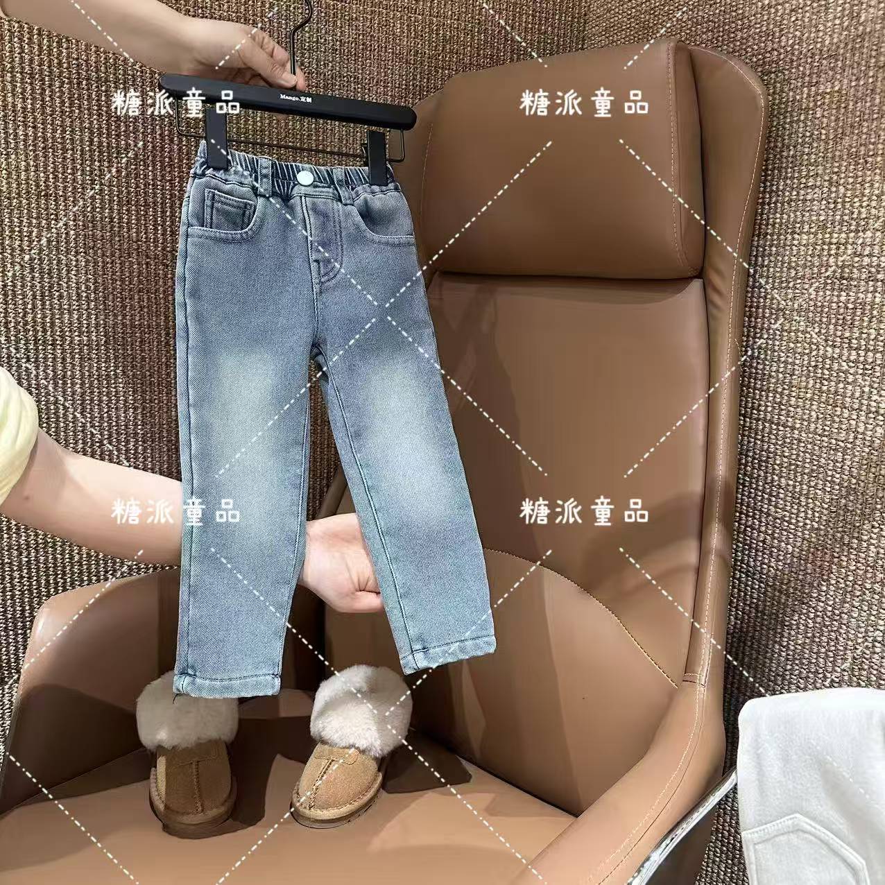 7755砂洗软牛仔浅色加绒加厚儿童烟管裤