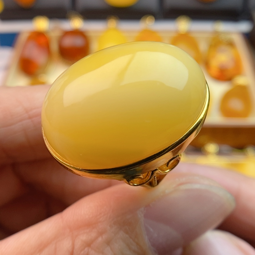 琥珀戒指银S925镀金镶嵌宫*