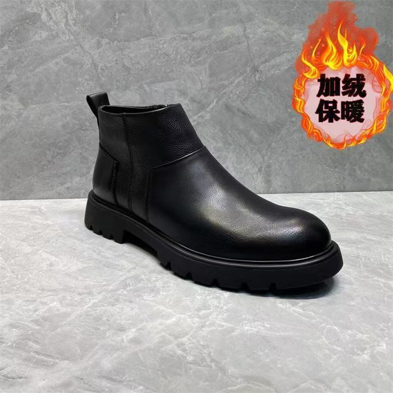 冬季加绒高帮切尔西男鞋2025新款男士真皮厚底侧拉链百搭休闲皮鞋