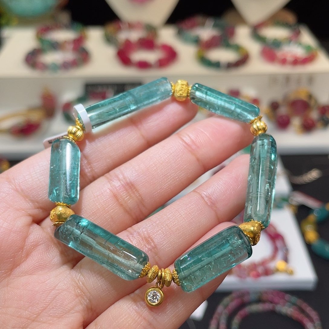 蓝色碧玺手链18K金镶嵌 净体 原石