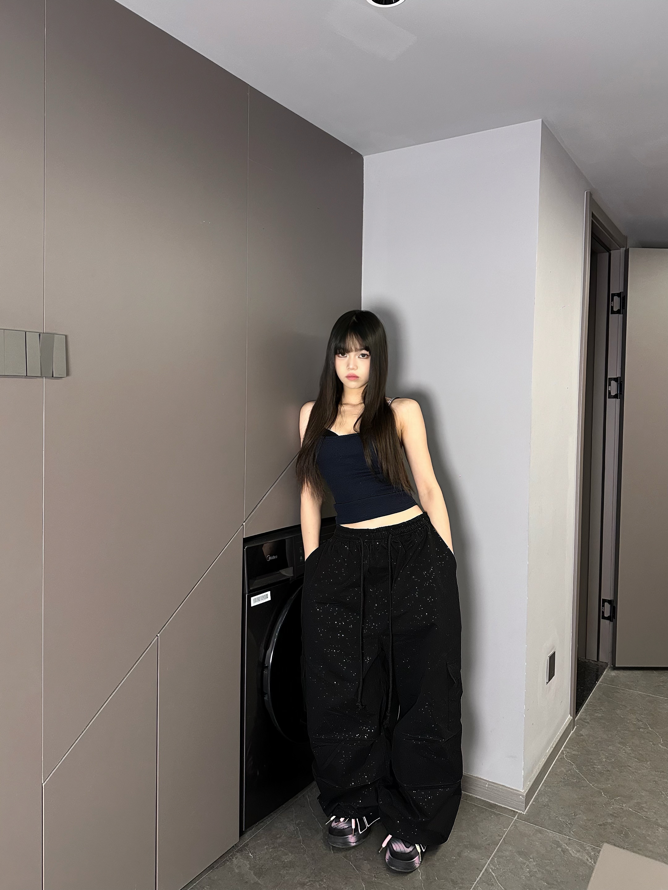 RUBYXZ街舞潮牌暗黑系蜘蛛印花星空碎闪纯棉显瘦工装阔腿裤