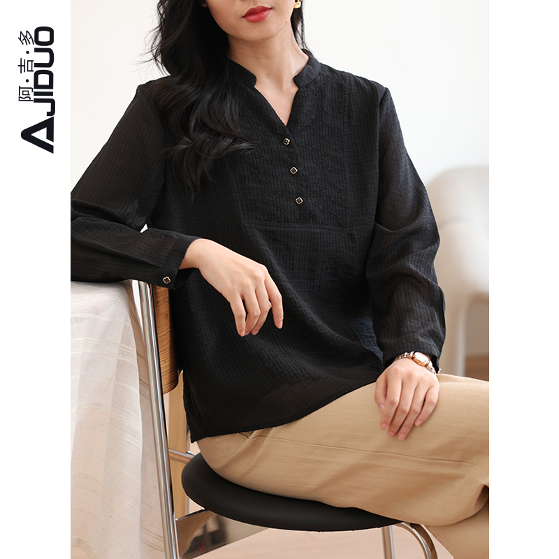 阿吉多A31122洋气V领长袖衬衫春装新款大码上衣宽松女士衬衣