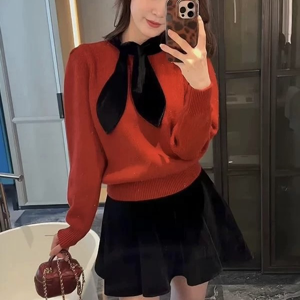 法式丝绒蝴蝶结系带撞色长袖毛衣冬气质显瘦宽松软糯针织上衣