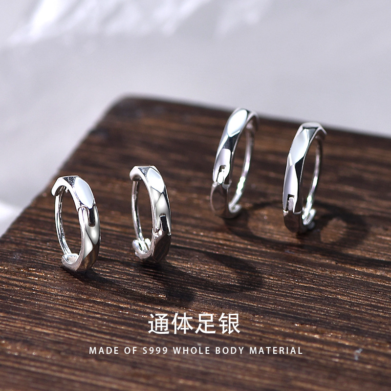 足银耳饰 S999银菱形多切割面耳环冷淡风简约纯银耳扣耳骨扣饰品