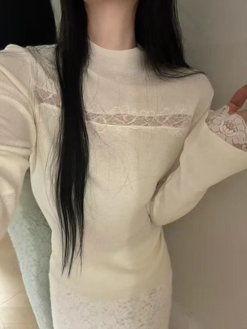 【石潇潇STUDIO】米白色针织衫女好看气质网纱蝴蝶结拼接长袖上衣