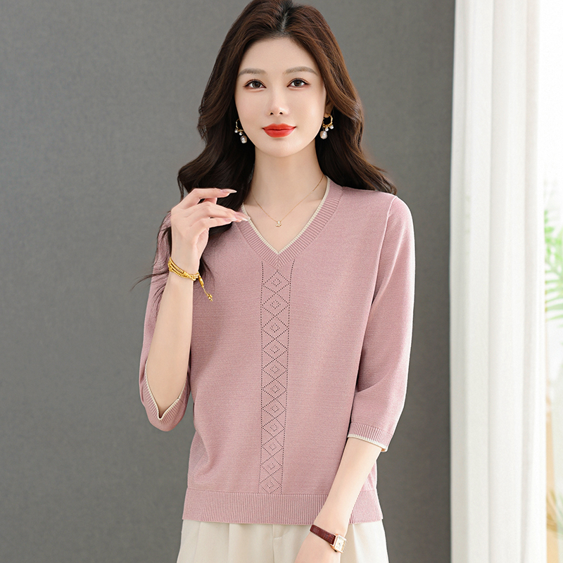 新款v领针织打底衫百搭薄款洋气减龄上衣—