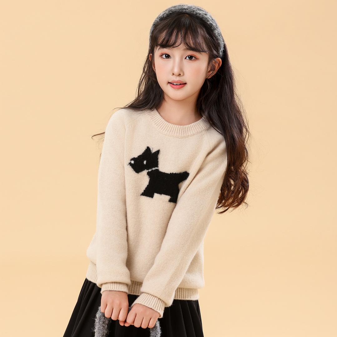儿童半高领100%纯羊毛衫男女宝小狗提花保暖毛衣中大童针织打底衫