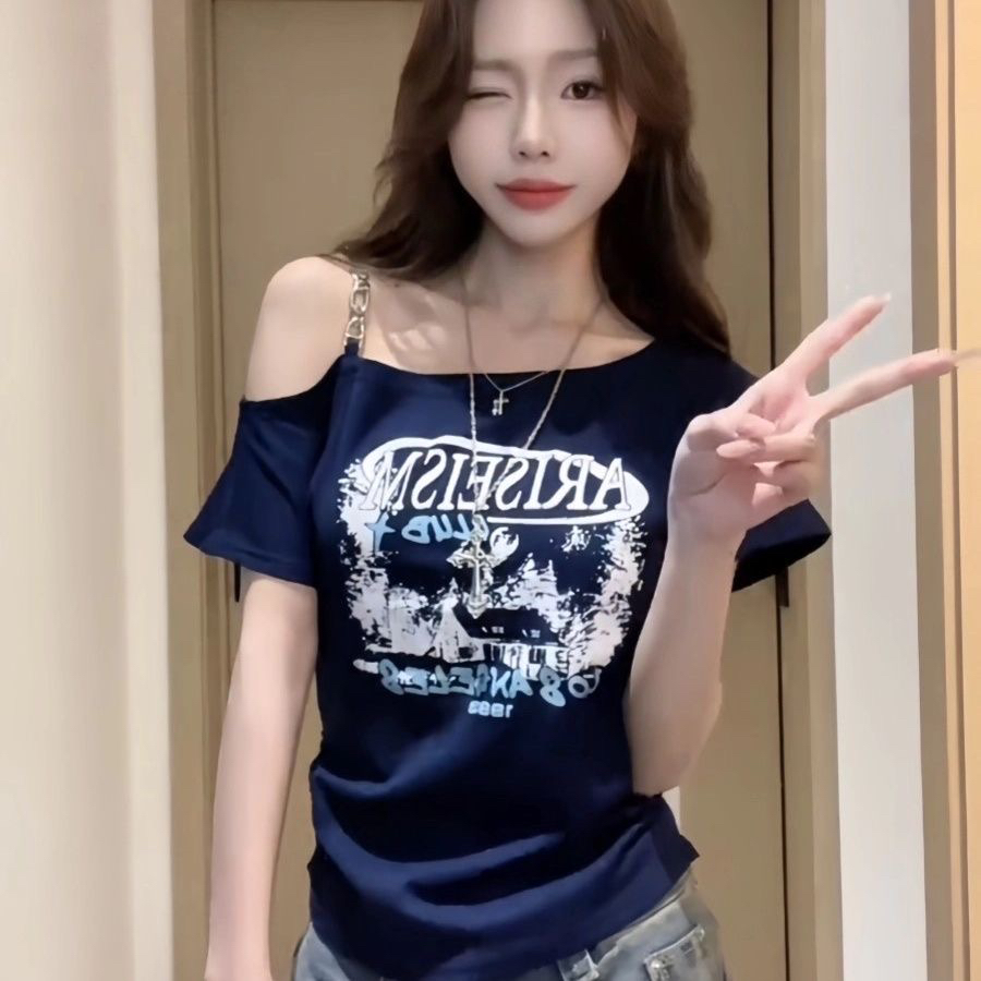大码胖妹妹美式辣妹字母印花露肩短袖T恤女夏季修身收腰显瘦上衣