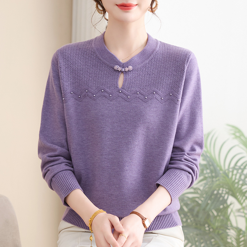 妈妈秋装红色针织衫喜庆国风上衣中老年妇女春秋洋气质针织打底衫