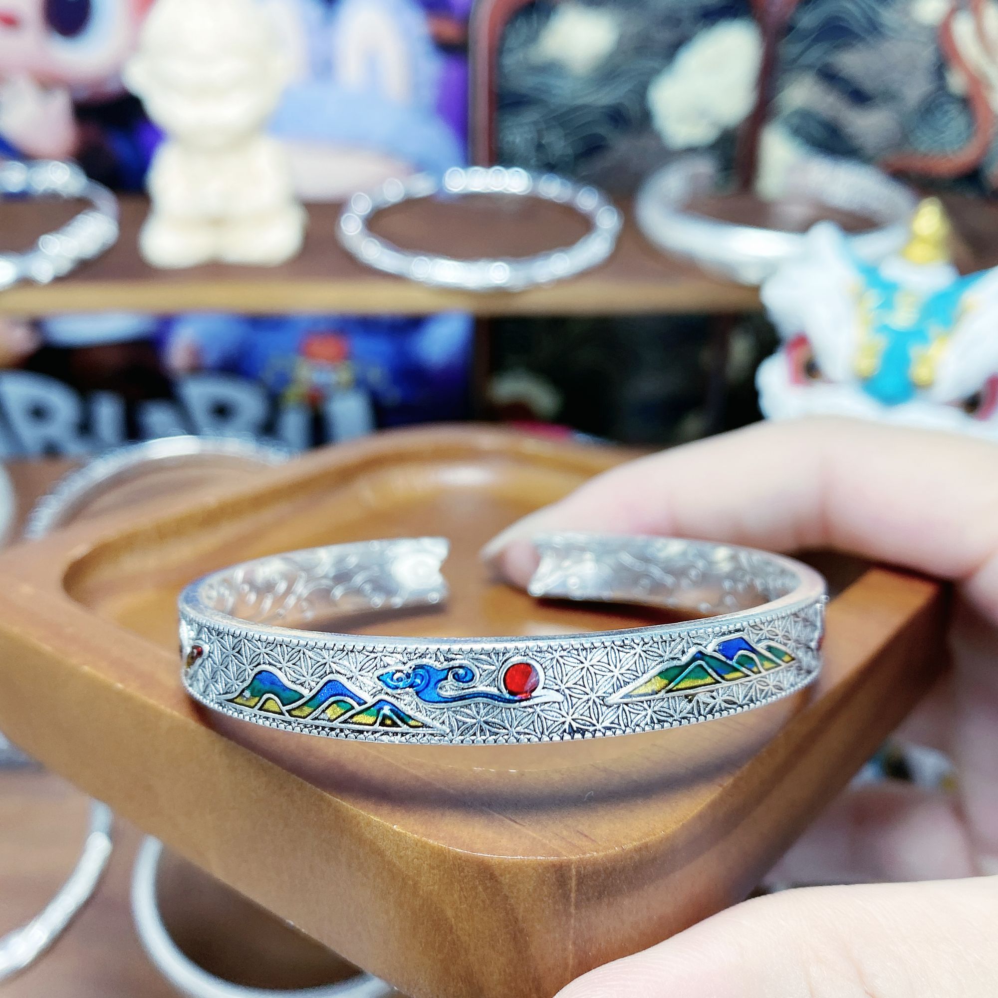 足银手镯 16号【千里江山】蝴蝶祥云珐琅彩手镯纯银999开口镯25克