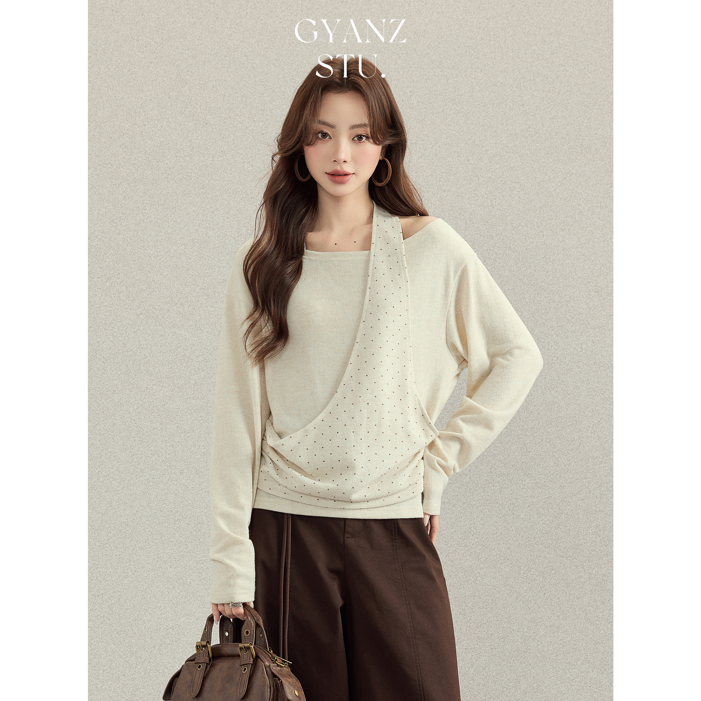 高妍知假两件拼接设计感斜肩针织衫女早秋季新款小众别致长袖上衣