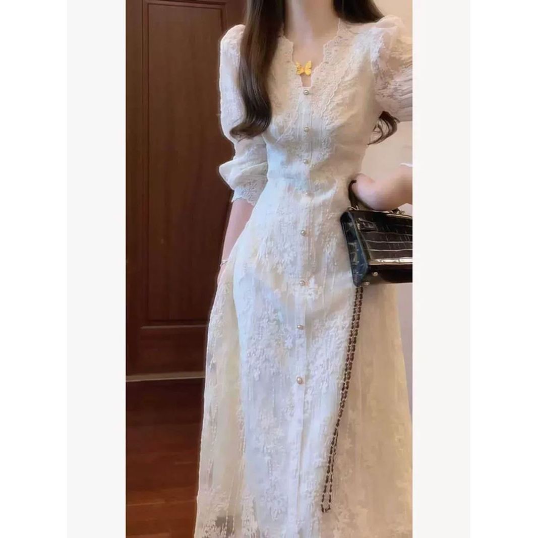 法式温柔风超好看V领蕾丝长袖连衣裙小个子独特绝美收腰长裙25秋