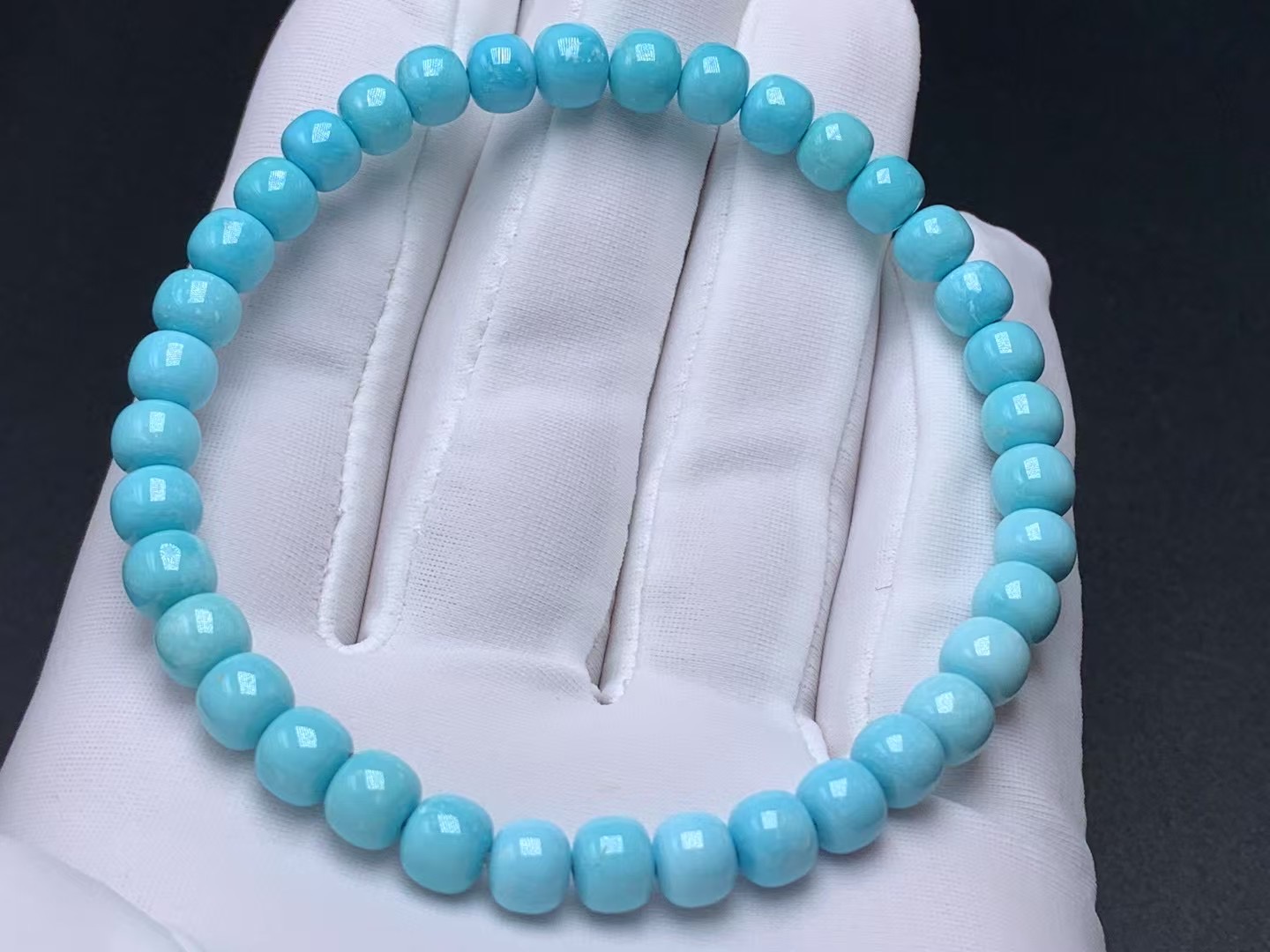 原矿高瓷蓝松石老型单圈手串，直径6+，干净无线，顺色一窝料，无水油