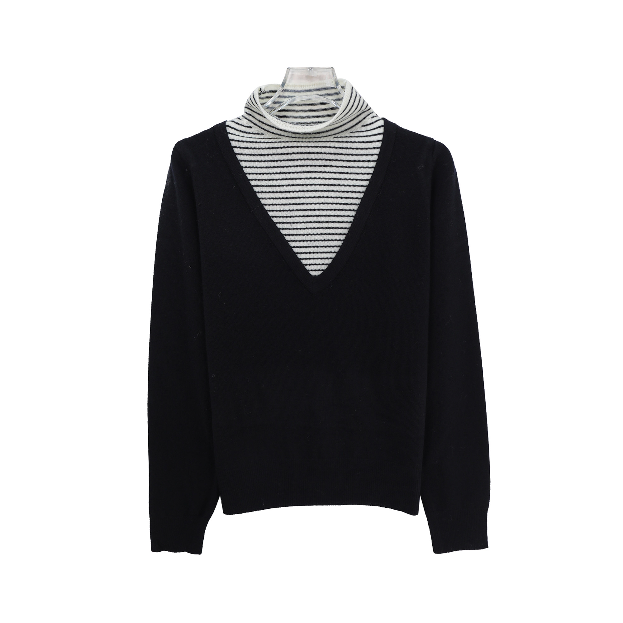 时尚条纹拼接假两件半高领毛衣宽松显瘦上衣S5529