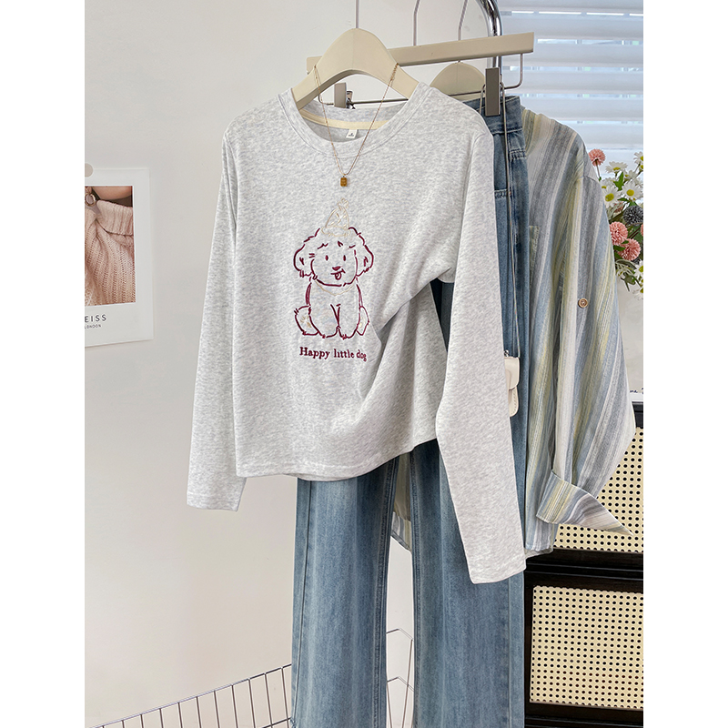 韩系ins简约卡通小狗长袖T恤秋季2025新款小个子百搭休闲上衣女装