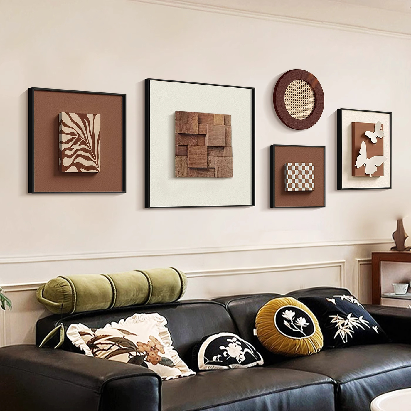 立体胡桃木实木客厅挂画中古沙发背景墙壁画砂岩高级感美拉德砂岩